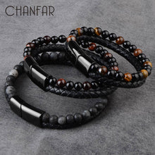 Load image into Gallery viewer, Natural Stone, Genuine Leather Braided Bracelet Mens