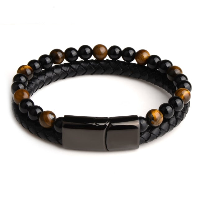 Natural Stone, Genuine Leather Braided Bracelet Mens